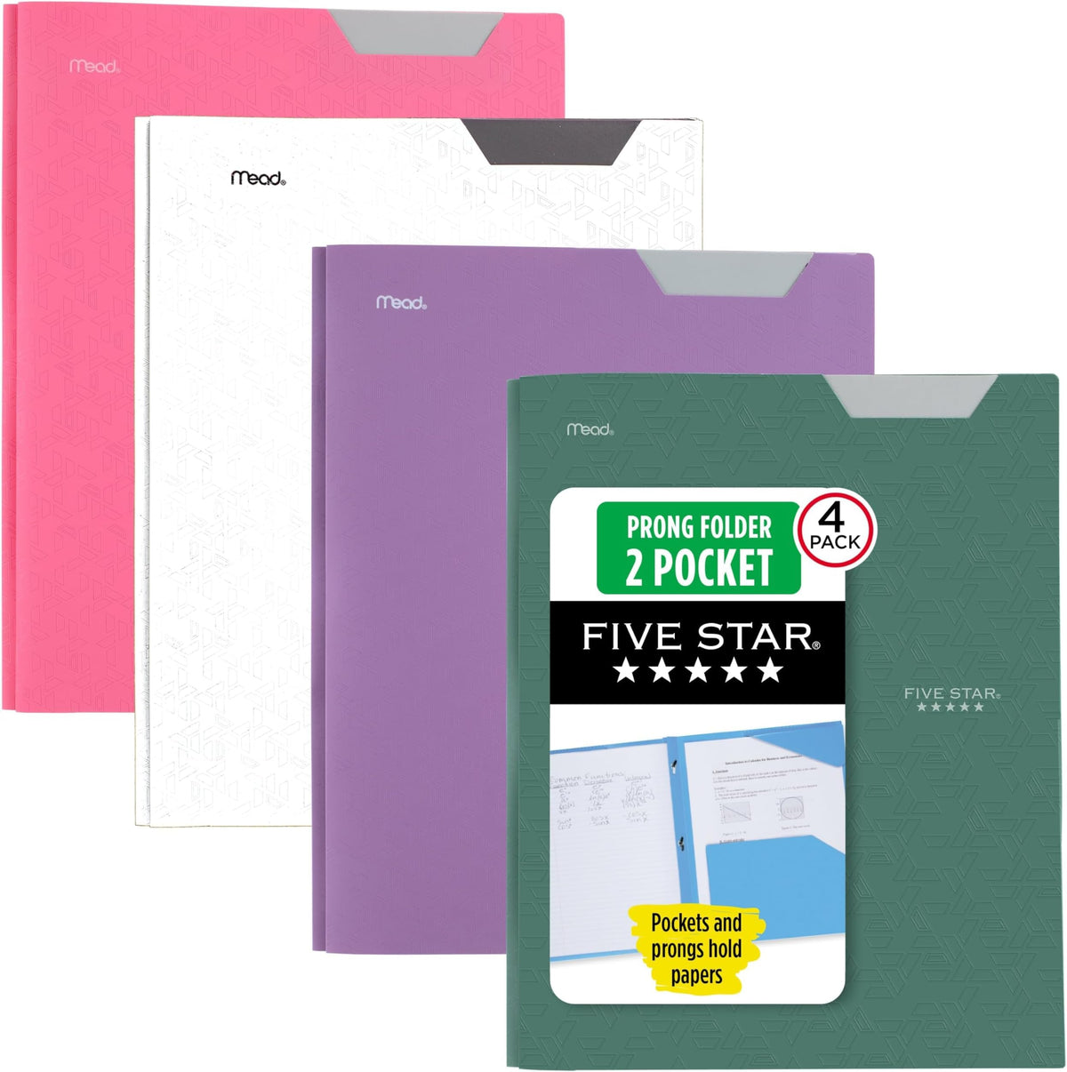Five Star 2-Pocket Plastic Folder with Stay-Put Tabs and Prong Fasteners, Holds 8.5" x 11" Paper, Assorted Colors, 4 Pack (340300B)