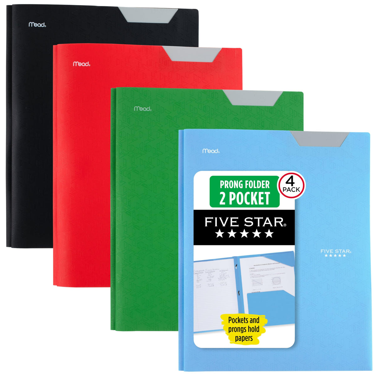 Five Star 2-Pocket Plastic Folder with Stay-Put Tabs and Prong Fasteners, Holds 8.5" x 11" Paper, Assorted Colors, 4 Pack (340300B)