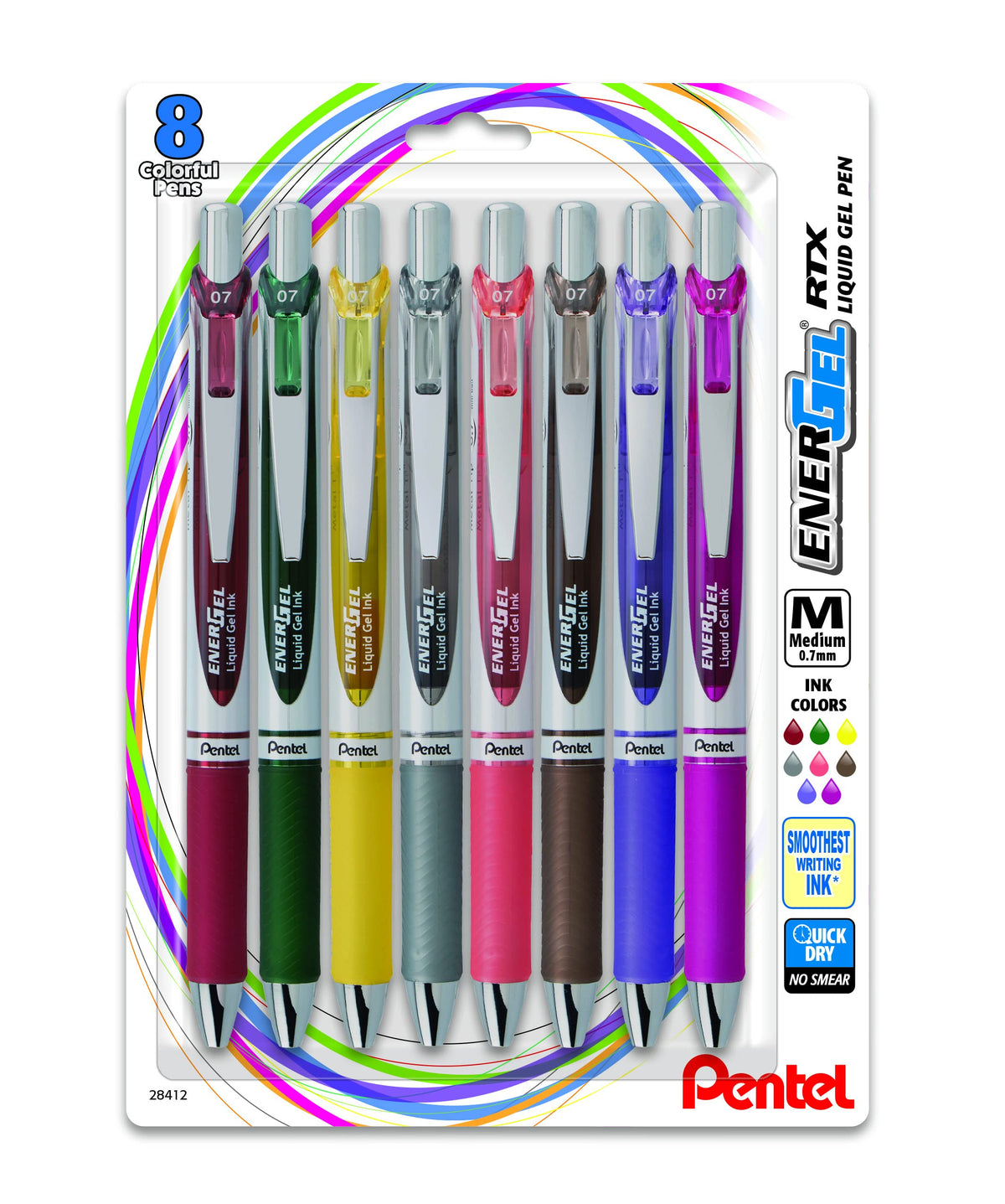 Pentel EnerGel RTX Retractable Liquid Gel Pen, (0.7mm) Metal Tip, Medium Line,Assorted Ink, 8-Pk (BL77BP8M1)