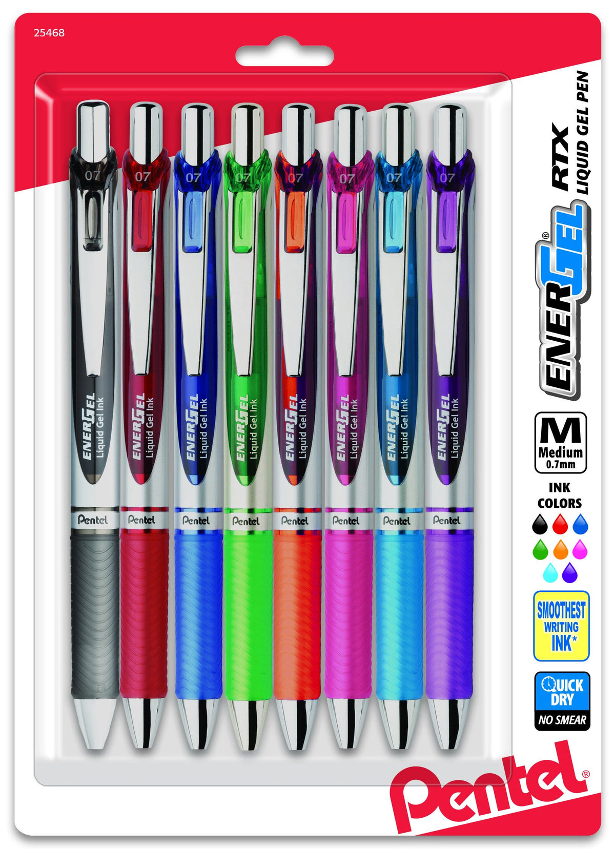 Pentel EnerGel RTX Retractable Liquid Gel Pen, (0.7mm) Metal Tip, Medium Line,Assorted Ink, 8-Pk (BL77BP8M1)