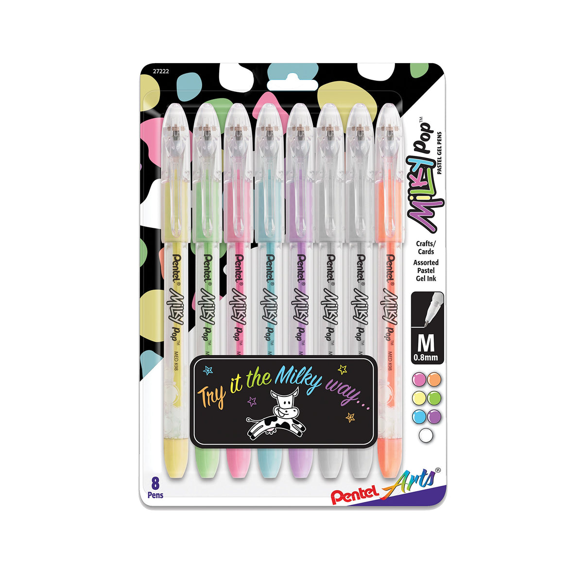 Pentel Arts Milky Pop Pastel Gel Pen, 0.8mm Medium Line, Assorted Colors, Pack of 8 (K98PABP8M)