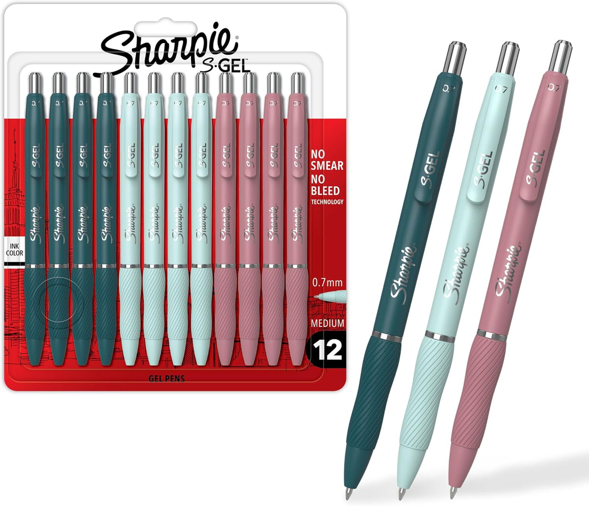 Sharpie S-Gel, Gel Pens, Medium Point (0.7mm), Assorted Fashion Barrels, Black Ink, 12 Count