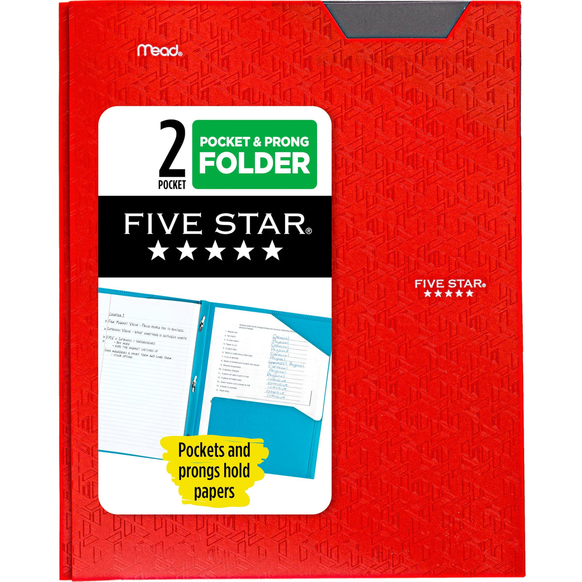 Five Star 2-Pocket Folder, Plastic Folder with Stay-Put Tabs and Prong Fasteners, Holds 8-1/2" x 11" Paper, Black (72113)