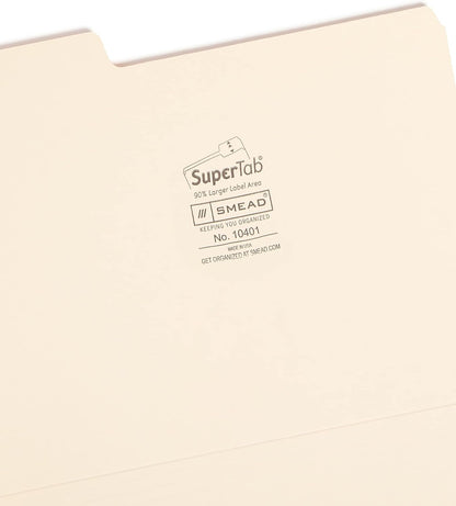 Smead SuperTab Heavyweight File Folder, Oversized 1/3-Cut Tab, Letter Size, Manila, 50 Per Box (10401)
