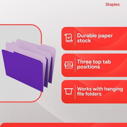 Staples File Folders, Letter Size, 1/3-Cut Tabs, Purple, 100/Pack