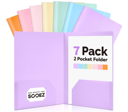 Sooez 7Pack Folders with Pockets, Pastels Colors, Heavy Duty Pocket Folder
