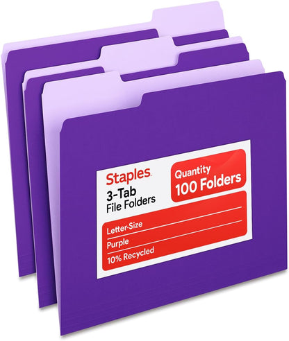 Staples File Folders, Letter Size, 1/3-Cut Tabs, Purple, 100/Pack
