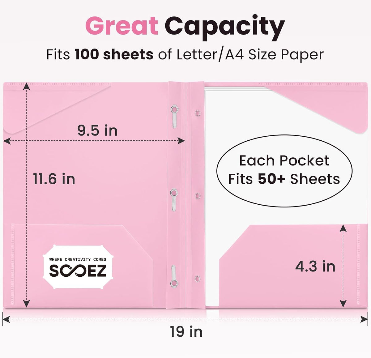 Sooez 1 Pack Plastic Folder, 2-Pocket Folders with Prongs