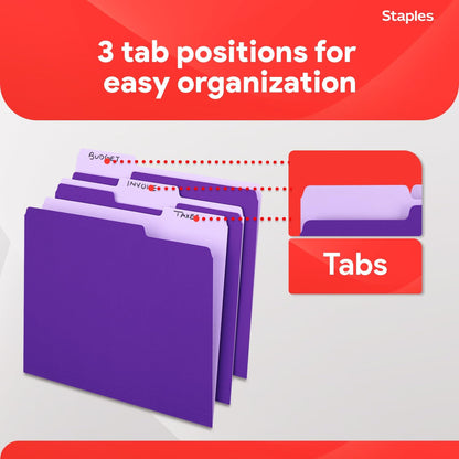 Staples File Folders, Letter Size, 1/3-Cut Tabs, Purple, 100/Pack