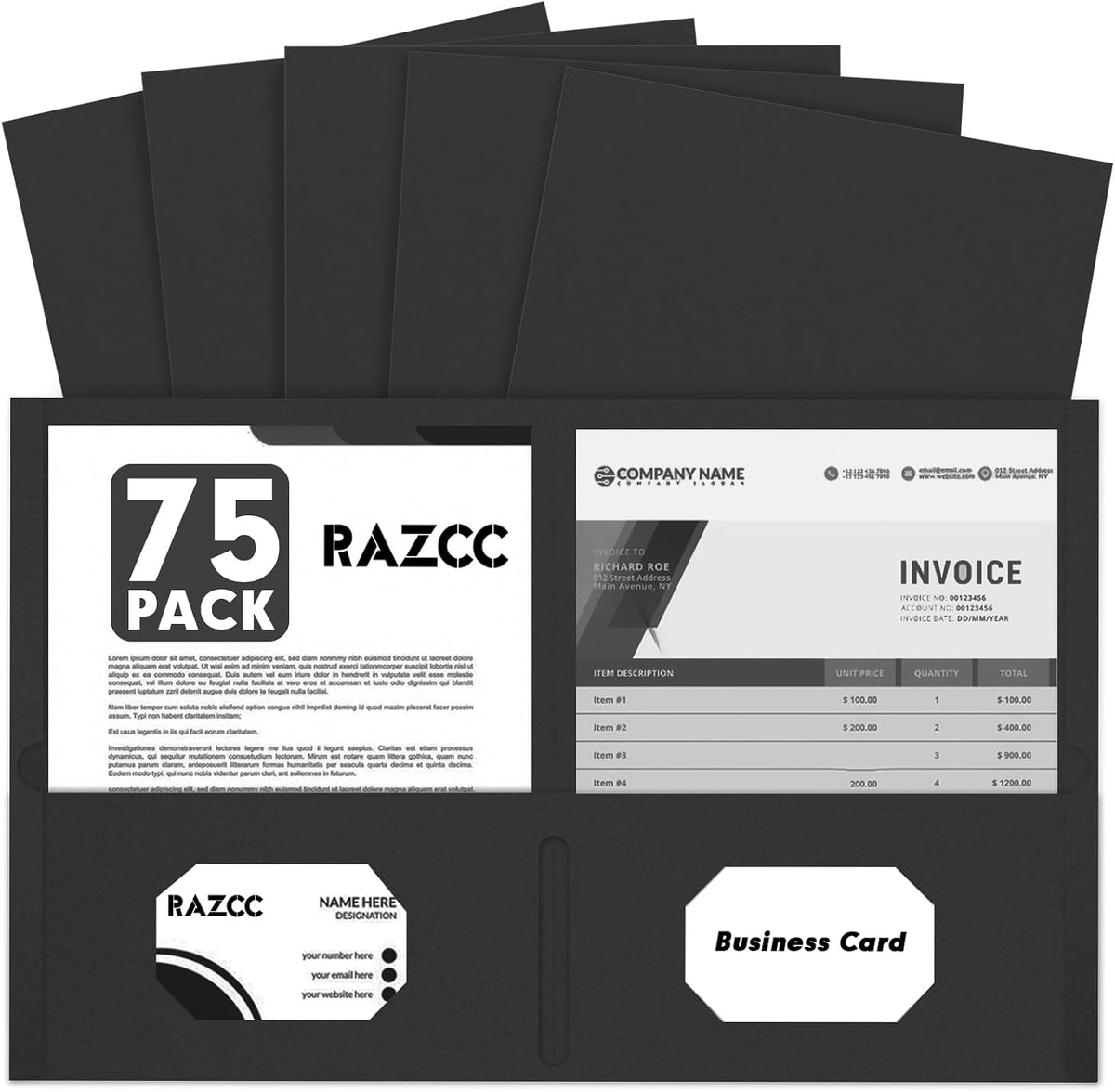 RAZCC Two Pocket Folders, 75 Pack, Letter Size, Black Folders with Pockets