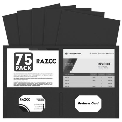 RAZCC Two Pocket Folders, 75 Pack, Letter Size, Black Folders with Pockets