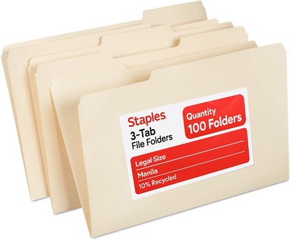 Staples 163360 Manila 3-Tab File Folders Legal Assorted Position 100/Box