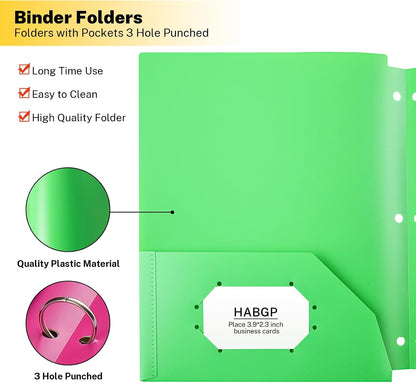 Plastic Folders with Pocket, 6 Assorted Color, 3 Hole Punched Binder Folder