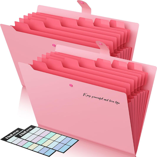 2 Pack Accordion File Organizer, 8 Pockets Expanding File Folder with Labels, Portable Document Paper Receipt Organizer for School Office Hospital, Letter/A4 Size Pink
