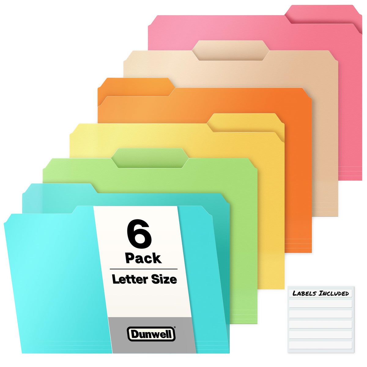 Dunwell Plastic File Folders, 1/3 Tab, Letter Size Documents, 6 Pack