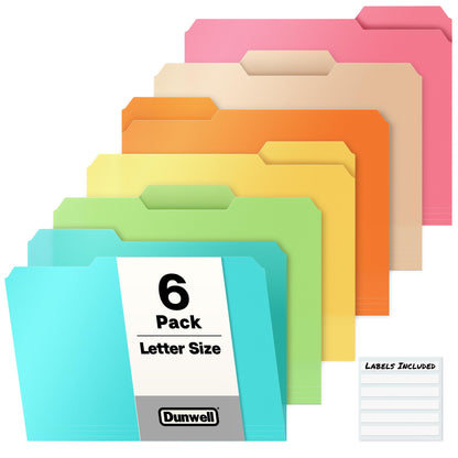 Dunwell Plastic File Folders, 1/3 Tab, Letter Size Documents, 6 Pack