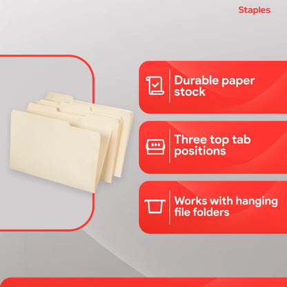 Staples 163360 Manila 3-Tab File Folders Legal Assorted Position 100/Box