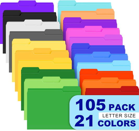 TUXIYA 105 Pack Colored File Folders,21 Colors File Folders Letter Size
