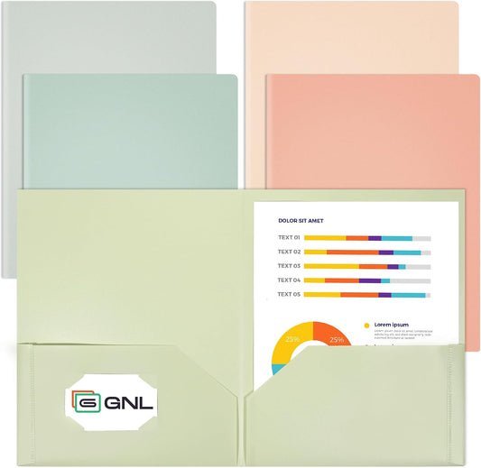 GNL Plastic Folders with Pockets, Pack of 5, Muted Pastel Colors, Heavy Duty 2 Pocket File Folders Letter Size, Pocket Folders for School, Home, and Office