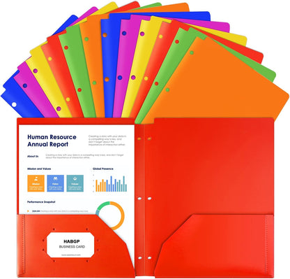 Plastic Folders with Pocket, 6 Assorted Color, 3 Hole Punched Binder Folder