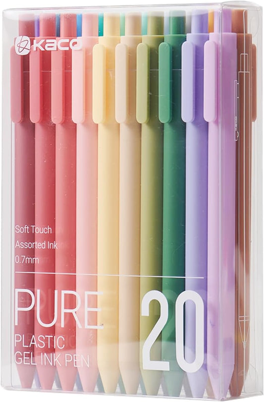 Kaco PURE Gel Pens 20 Macaron Color Ink Assorted 0.7mm Medium Point Pens