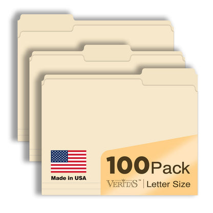 Manilla Folders 8.5 x 11 File Folders Letter Size Manila Folder with 1/3 Cut Tab 100 Pack Paper Folders for Office, School, Home, Business Filing Supplies Made in USA