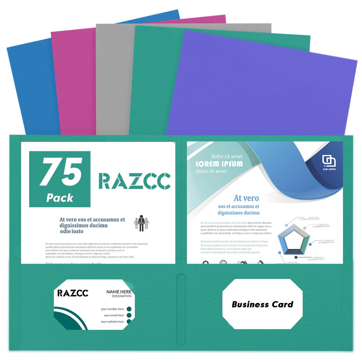 RAZCC Two Pocket Folders, 75 Pack, Letter Size, Black Folders with Pockets