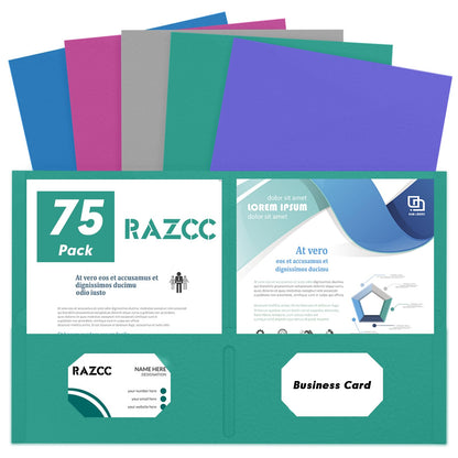 RAZCC Two Pocket Folders, 75 Pack, Letter Size, Black Folders with Pockets