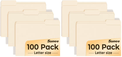 SUNEE Manilla Folders Letter Size (8.5 x 11 inches),100 Per Box, 1/3 Cut Tab for Easy Labeling and Organization, Durable Standard Paper for Home, Office, School Filing