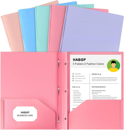 2 Pocket Folder with Prongs (5 Pack, Pastel), Plastic Folders with Pockets