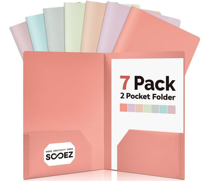 Sooez 7Pack Folders with Pockets, Pastels Colors, Heavy Duty Pocket Folder