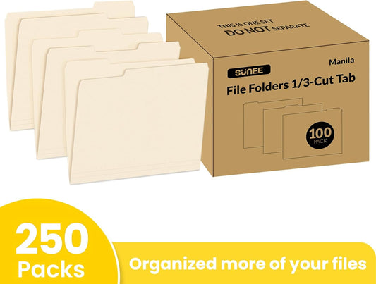 SUNEE Manilla Folders Letter Size (8.5 x 11 inches), 250 Per Box, 1/3 Cut Tab for Easy Labeling and Organization, Durable Standard Paper for Home, Office, School Filing