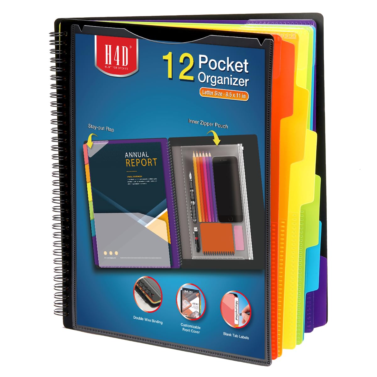 H4D 12 Pocket Poly Project Organizer, Multi Pocket Folder, Pastel Colors