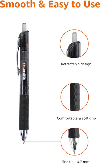 Amazon Basics Retractable Gel Pens, Fine Point 0.7mm, Smooth Writing, Black, No Smudge, School and Office Supplies, 12-Pack