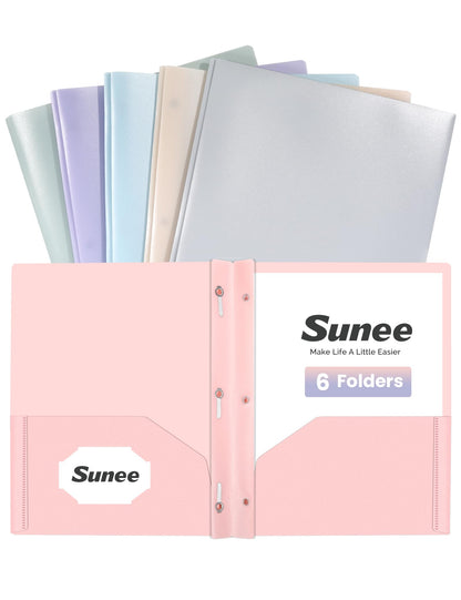 SUNEE 3-Prong Plastic Folders with Pockets (6 Pack, Pastel Colors) 2 Pocket Folders with Fasteners, Tear-Resistant Plastic Pockets, and Fit Letter Size Paper, Use for School Office Home Business