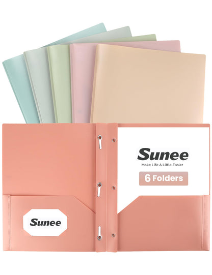 SUNEE 3-Prong Plastic Folders with Pockets (6 Pack, Pastel Colors) 2 Pocket Folders with Fasteners, Tear-Resistant Plastic Pockets, and Fit Letter Size Paper, Use for School Office Home Business