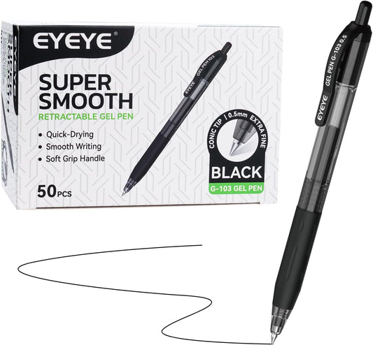 EYEYE G-103 Gel Pens, Black Ink, 0.5mm Extra Fine Point, Pack of 50