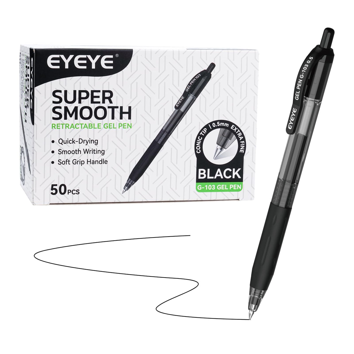 EYEYE G-103 Gel Pens, Black Ink, 0.5mm Extra Fine Point, Pack of 50