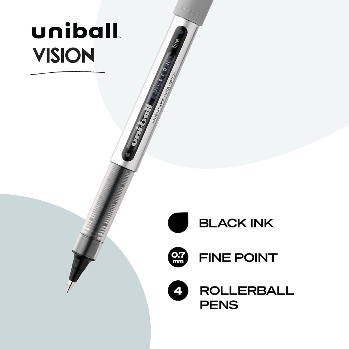uni-ball Vision Stick Roller Ball Pens, Fine Point, Black Ink, Pack of 4