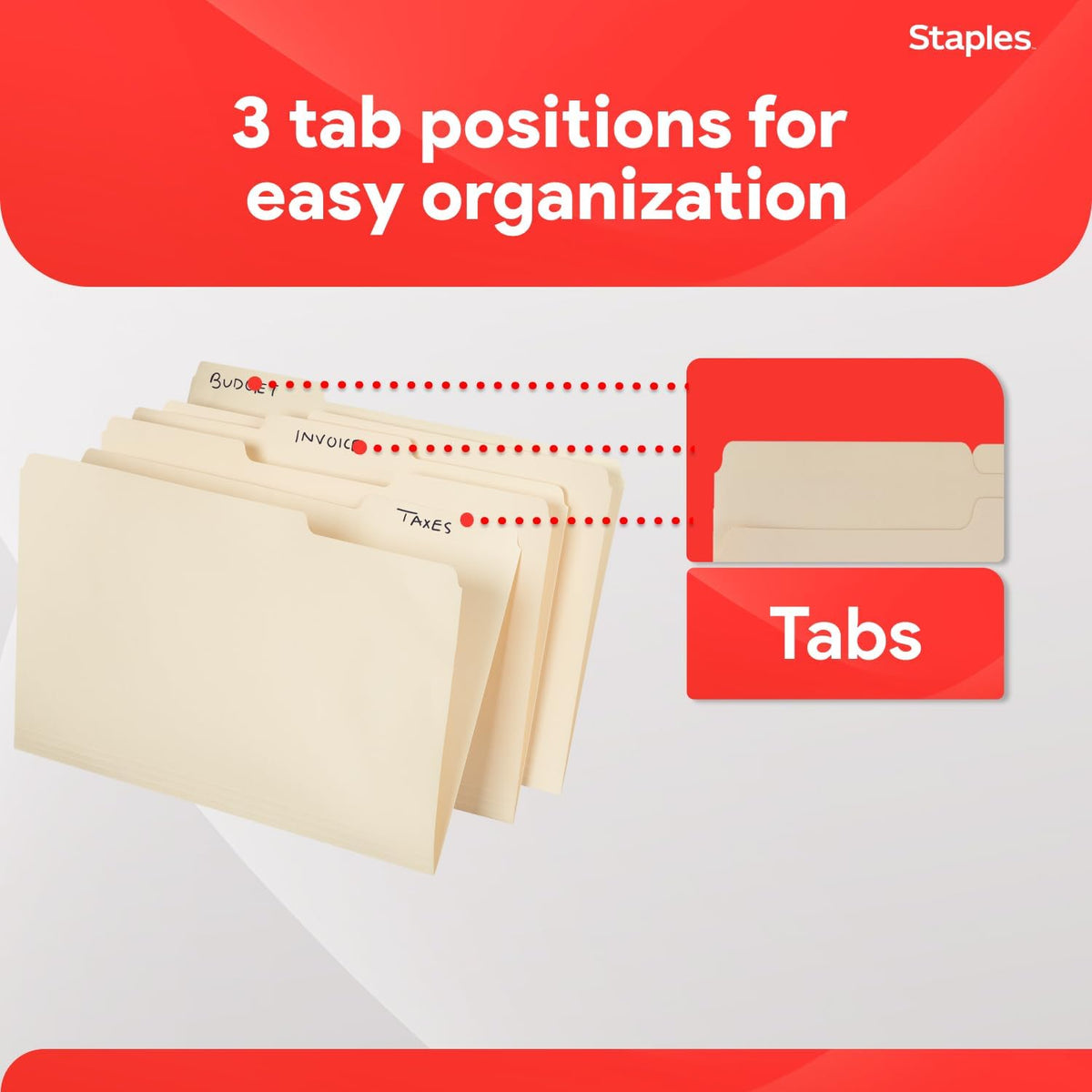 Staples 163360 Manila 3-Tab File Folders Legal Assorted Position 100/Box