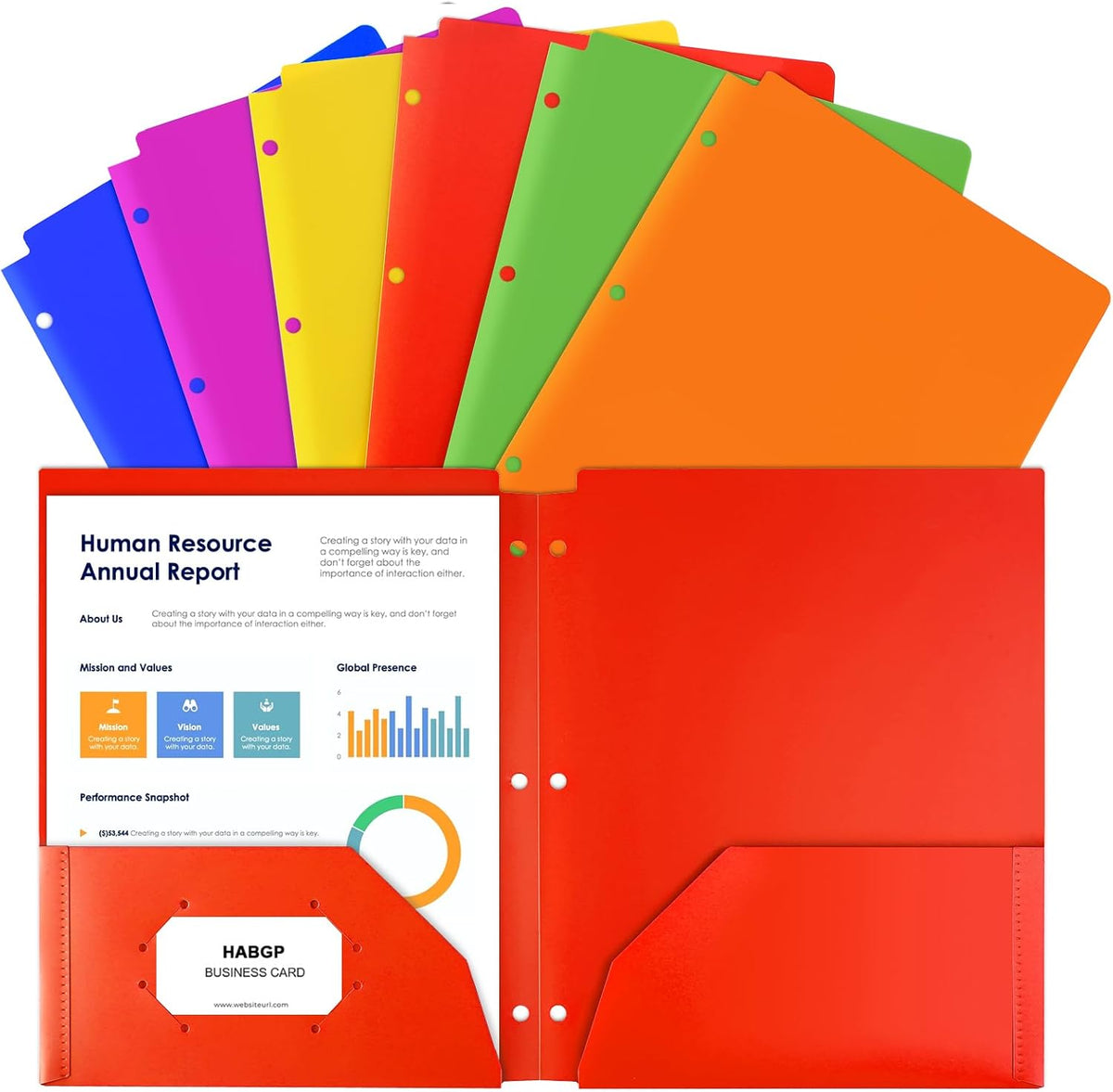 Plastic Folders with Pocket, 6 Assorted Color, 3 Hole Punched Binder Folder