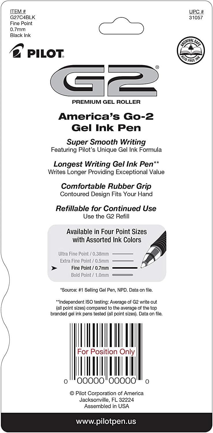 PILOT, G2 Premium Gel Roller Pens, Fine Point 0.7 mm, Blue, Pack of 4
