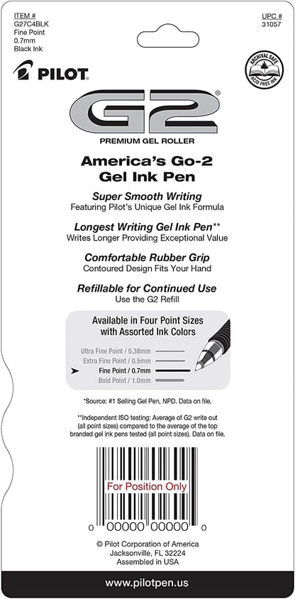 PILOT, G2 Premium Gel Roller Pens, Fine Point 0.7 mm, Blue, Pack of 4
