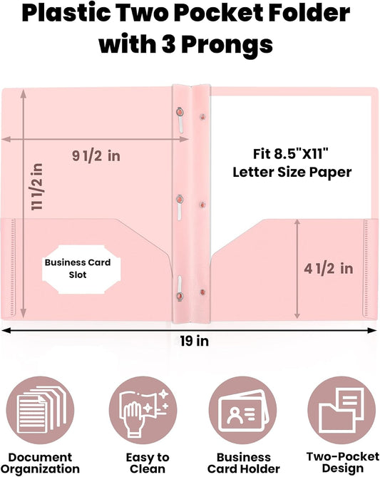 SUNEE 3-Prong Plastic Folders with Pockets (6 Pack, Pastel Colors) 2 Pocket Folders with Fasteners, Tear-Resistant Plastic Pockets, and Fit Letter Size Paper, Use for School Office Home Business
