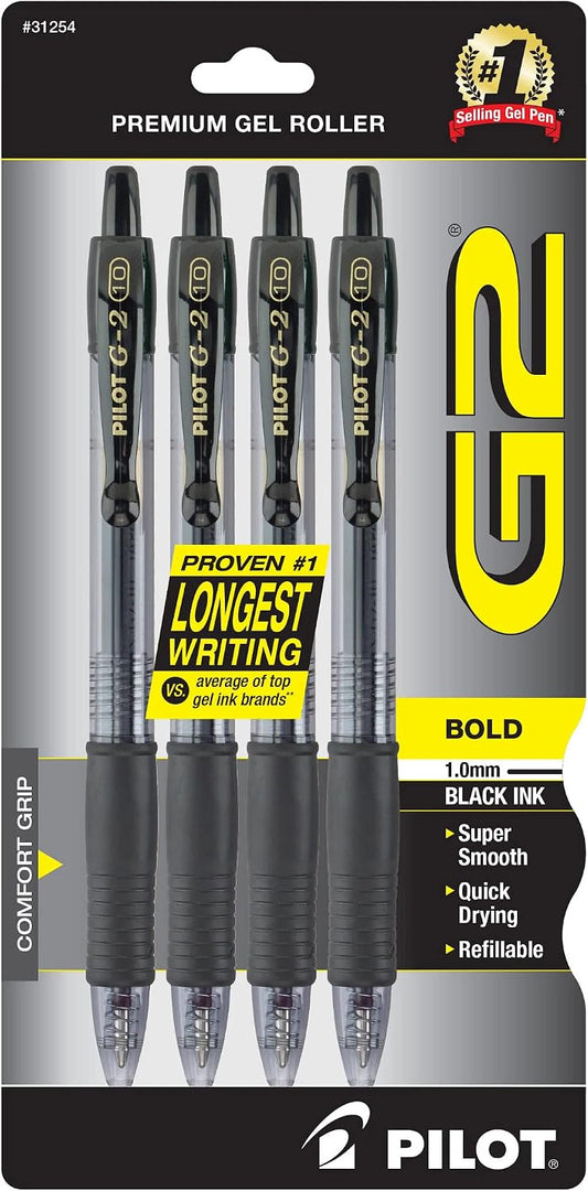 PILOT, G2 Premium Gel Roller Pens, Bold Point 1 mm, Pack of 4, Black