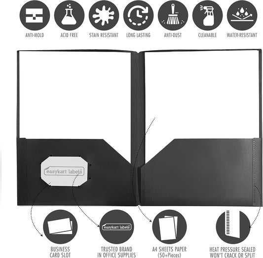 Easykart Plastic Folders with Pockets - (Black, 6 Pack), 2 Pocket Poly Folders for School, Home or Office, Durable Heavy Duty File Folders