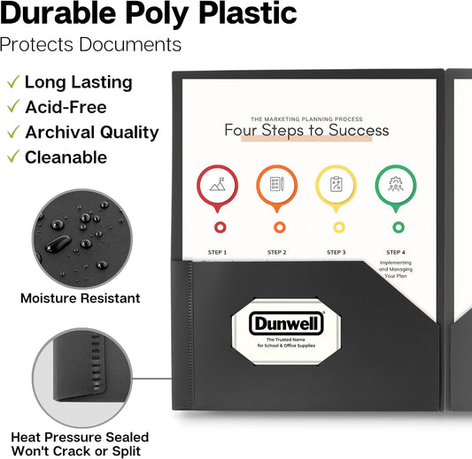 Dunwell Plastic 2-Pocket Folders, Black, 3 Pack, Heavy-Duty Poly