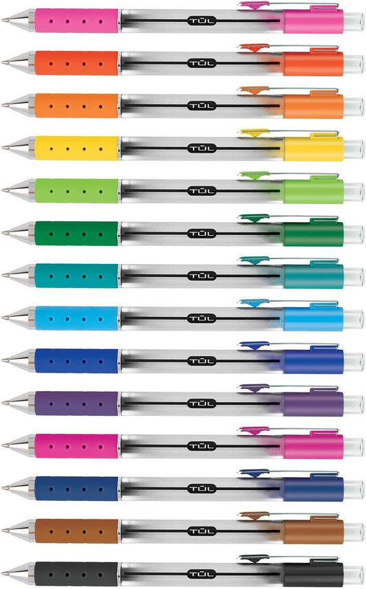 TUL® GL Series Retractable Gel Pens, Medium Point, 0.7 mm, Silver Barrel, Assorted Standard & Bright Ink Colors, Pack Of 14 Pen