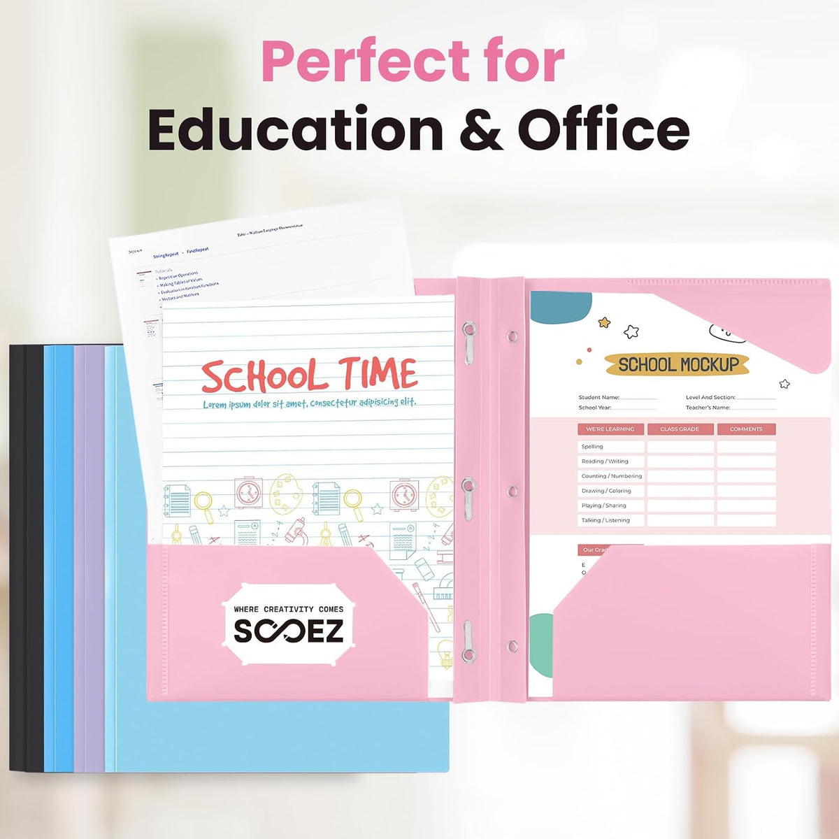 Sooez 1 Pack Plastic Folder, 2-Pocket Folders with Prongs