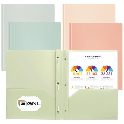GNL Plastic Folders with Pockets and Prong, Pack of 5, Muted Pastel Colors, Heavy Duty 2 Pocket File Folders Letter Size, Folders with Prongs for School, Home, and Office